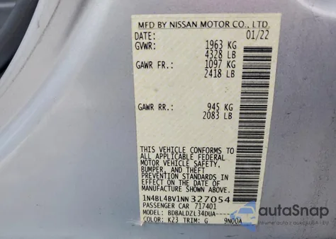 2022 Nissan Altima S из США, поврежденный, VIN 1N4BL4BV1NN327054